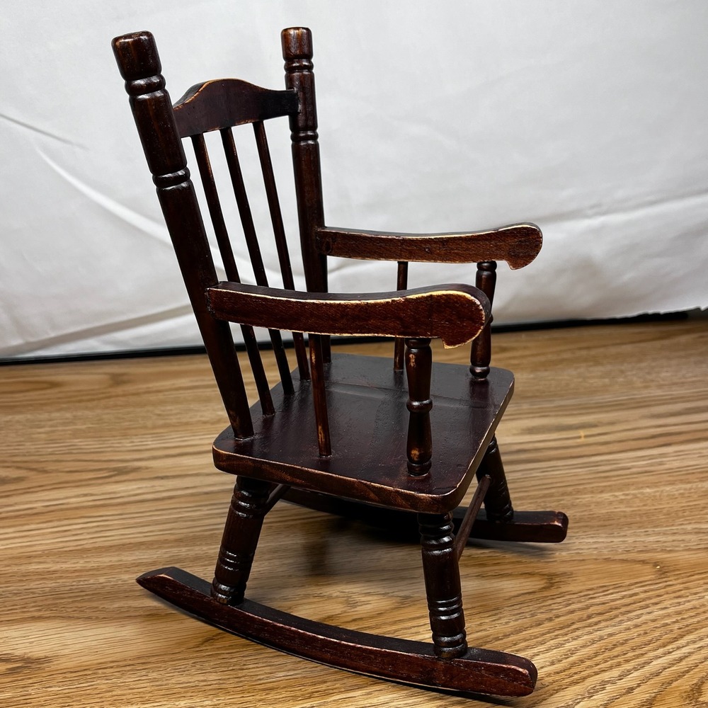 Vintage Miniature Rocking Chair Wood Dark Brown 11.5" Rustic Farmhouse Decor